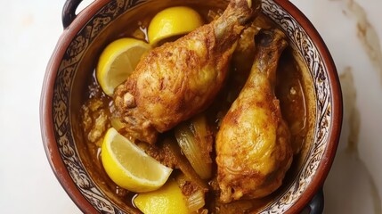 Close up of Moroccan spiced chicken tagine with lemons