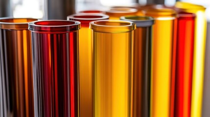 Close up of chromatography columns filled with colorful liquids