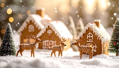 A whimsical Christmas scene featuring gingerbread houses, toy deer, Christmas trees, and falling snow in a snowy setting