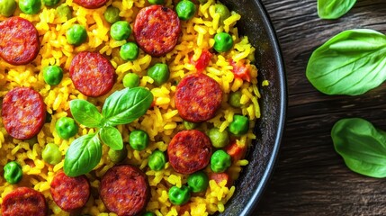 Close up overhead view of Spanish paella with chorizo and peas