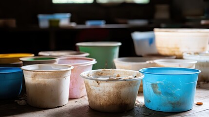 Discarded plastic containers with food remnants on wooden surface