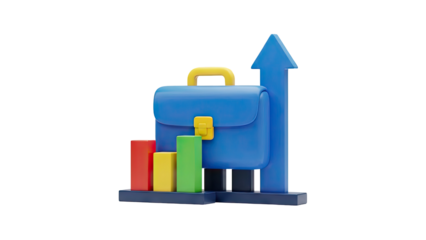 3D Business growth concept briefcase and upward arrow with charts on transparent background