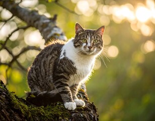 Obraz premium Cat perched on branch looking directly at the camera with beautiful lighting