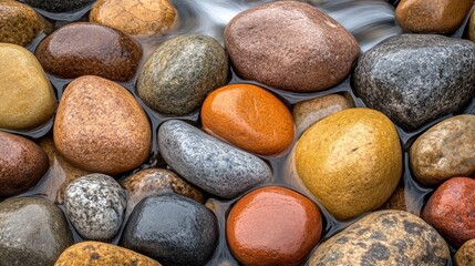 Glistening wet stones of a mountain stream bed in sunlight