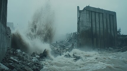 Debris laden water flooding and destroying a concrete structure