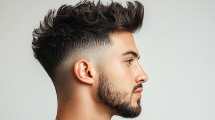 A man with curly hair and a beard, wearing a black shirt, stands against a white background with a gray wall.