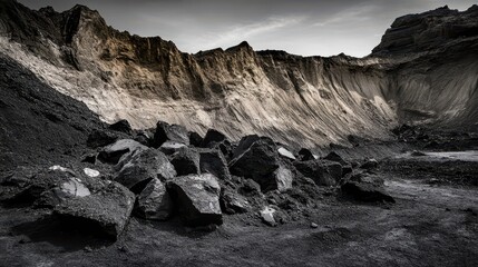 Erosion of land with fallen rocks creating treacherous slope