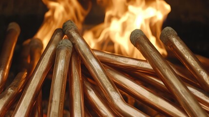 Copper pipes twisted and contorted glowing orange in intense furnace heat with visible flames
