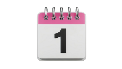 3D Calendar icon with number 1 and pink top on transparent background