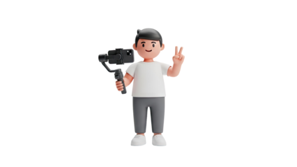 3D Cartoon Boy Holding Gimbal and Smartphone, Making Peace Sign on transparent background