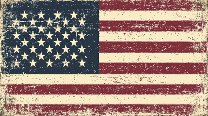 A weathered American flag with a worn and aged appearance, featuring the stars and stripes in a faded, distressed style.