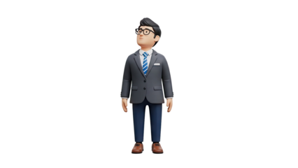3D Cartoon Man in Suit and Glasses Looking Up on transparent background