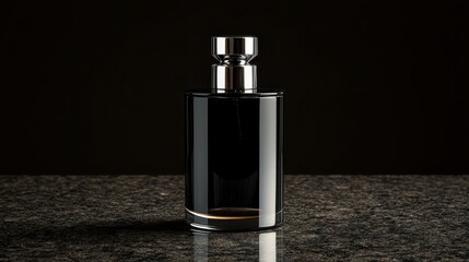 Elegant Black Perfume Bottle with Silver Cap on a Stone Table