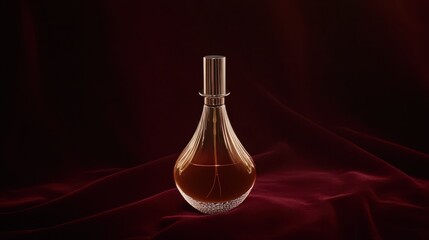 Elegant amber perfume bottle with a slender design on a red backdrop