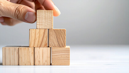 Hand stacking wooden block pyramid concept of recruitment promotion leadership business growth career development and success with calm and focused atmosphere