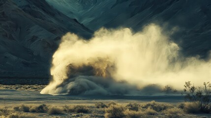 Explosive cloud of brick dust rising in a desert landscape