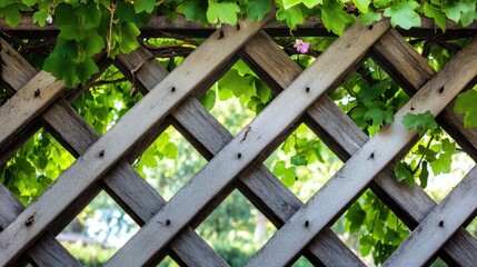Fototapeta premium Intricate wooden lattice intertwined with lush green vines and leaves in a bright outdoor garden setting with a hint of flowering detail