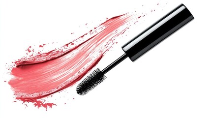 A mascara wand with a red and pink swatch on a white background.