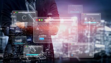 Businessman using technology in urban setting with digital interface showcasing loading progress and connectivity in modern city environment Gluon.