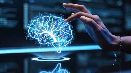 Human hand digital brain hologram technology futuristic electric neural network innovation science intelligence pointing glowing blue brain hologram with futuristic technology and dark background - Powered by Adobe