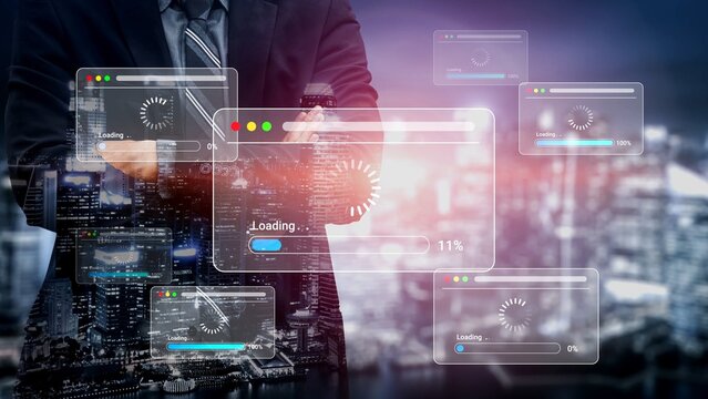 Businessman using technology in urban setting with digital interface showcasing loading progress and connectivity in modern city environment Gluon. - Powered by Adobe