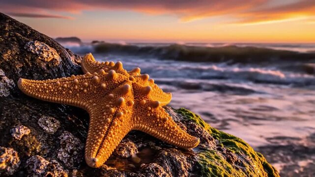 A magnificent sea star rests peacefully on a rugged, barnacle-covered rock at the ocean's edge, bathed in the warm, golden glow of either a sunrise or sunset. Gentle waves rhythmically crash in the ba