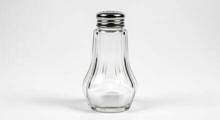 Empty clear glass saltshaker with metal lid on white background
