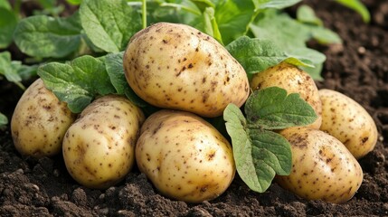 Fresh organic potatoes with green leaves in the garden