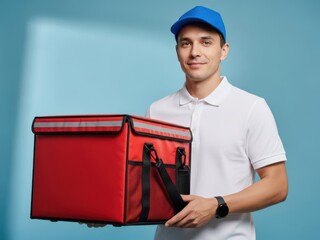 Delivery man holding red insulated food delivery bag with black straps and blue cap on blue background