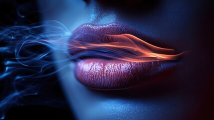 Close-up of a woman's lips with a fiery red flame inside, set against a dark background with blue and orange lights.