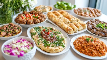 Diverse food dishes arranged on a table ready for dinner