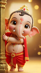 Cute Chibi Baby Ganesha Hugging Pillar - Adorable Hindu God Illustration