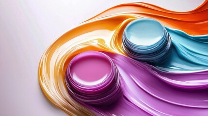 Two colorful, abstract shapes with a gradient of orange, purple, and blue, flowing and swirling in a dynamic pattern. 