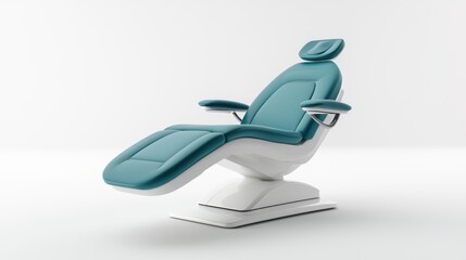 A modern, sleek dental chair with a turquoise seat and white frame, positioned against a plain white background.