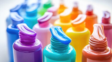 A colorful array of paint bottles, each with a unique color, arranged in a row against a white background.