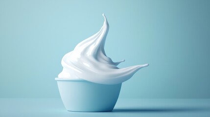 A white, fluffy, creamy substance with a blue cup on a light blue background.