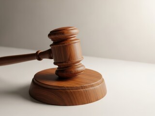 Wooden judge gavel on a white desk in a courtroom setting for legal proceedings and justice