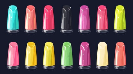 A set of colorful lipsticks with different shades and finishes, arranged in a grid pattern on a dark background.