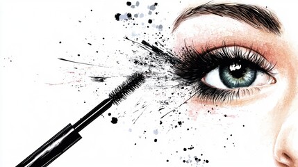 Woman applying mascara to eyelashes, with a brush and black liquid, against a white background.