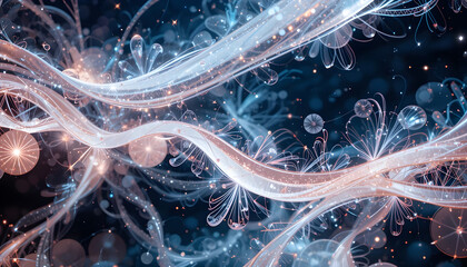 Abstract swirling light trails and glowing particles in dark blue and pink image photo