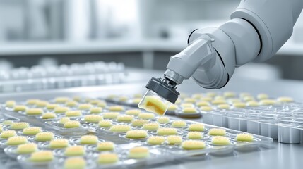 Robotic arm transferring yellow colonies on a laboratory tray