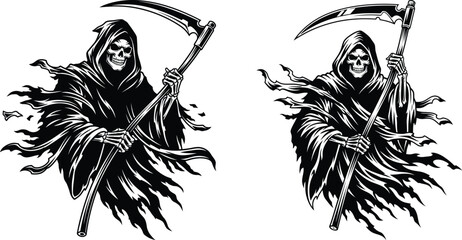 illustration featuring two grim reapers holding scythes, monochrome scary spooky designs