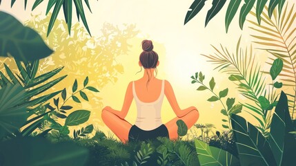 A woman meditating in a lush, tropical jungle, surrounded by vibrant green foliage and a warm, golden light.