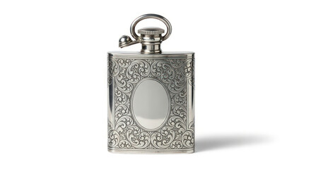 Close-up of an ornate silver flask with a flip-top lid on a white background.