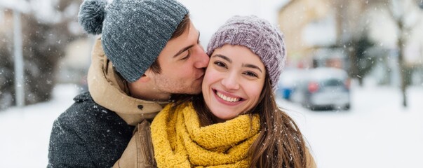 Romantic winter moment: young couple embracing in snowy wonderland