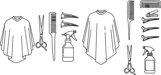 Line art illustration of barber tools, including gown, scissors, comb and hair spray