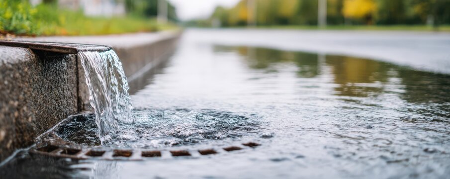 Urban infrastructure and water management: close-up of water flowing into sewer manhole