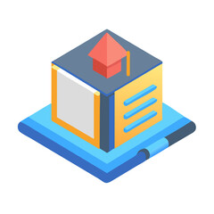 Isometric digital learning platform with graduation cap and textbook