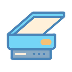 Stylized flat icon of modern scanner with lid open
