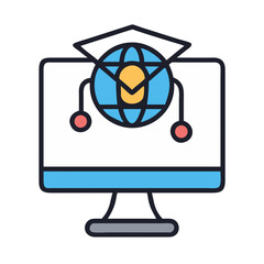 Online education icon depicting global learning and graduation hat